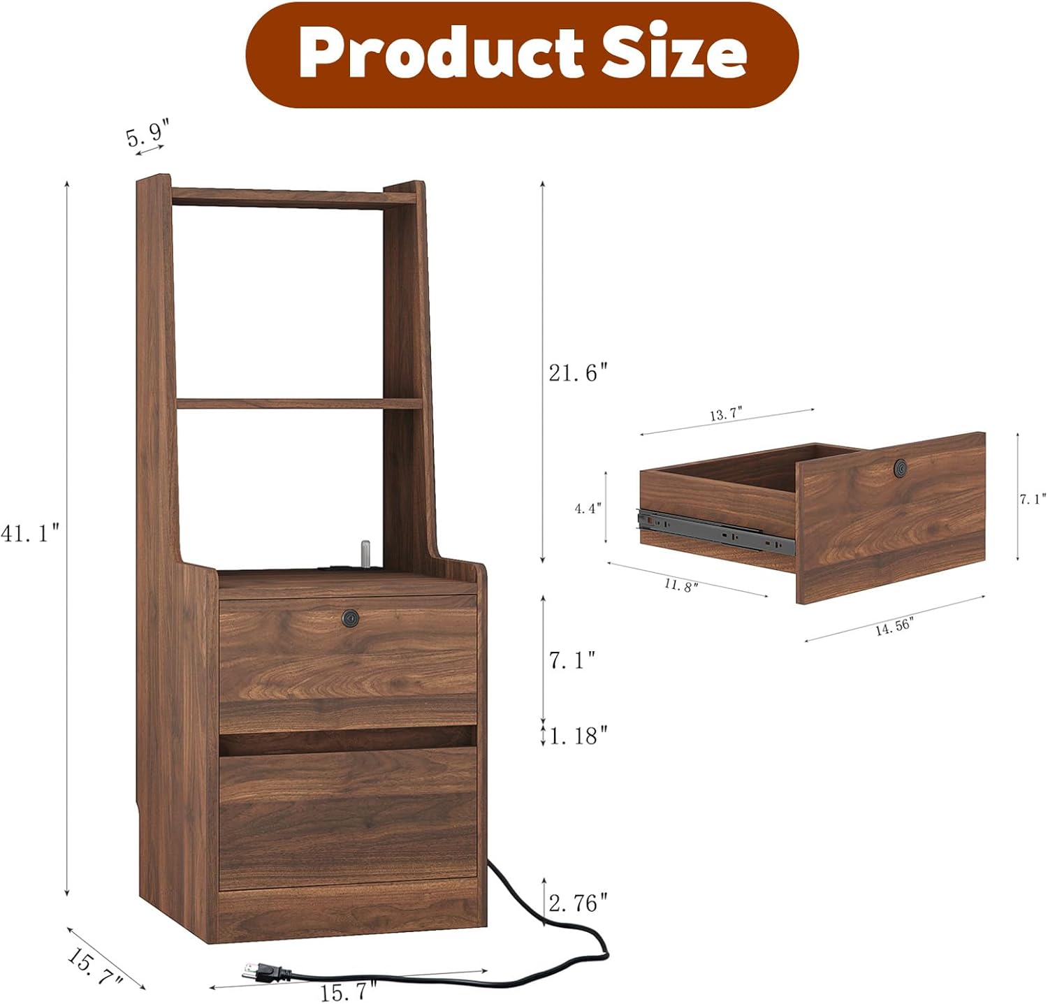 Modern Smart Nightstand with Night Light & Charging Station, Night Stand with Bookshelf, Lockable Bedside Cabinet Tables with 2 Storage Drawers for Bedroom Home Office (Brown)