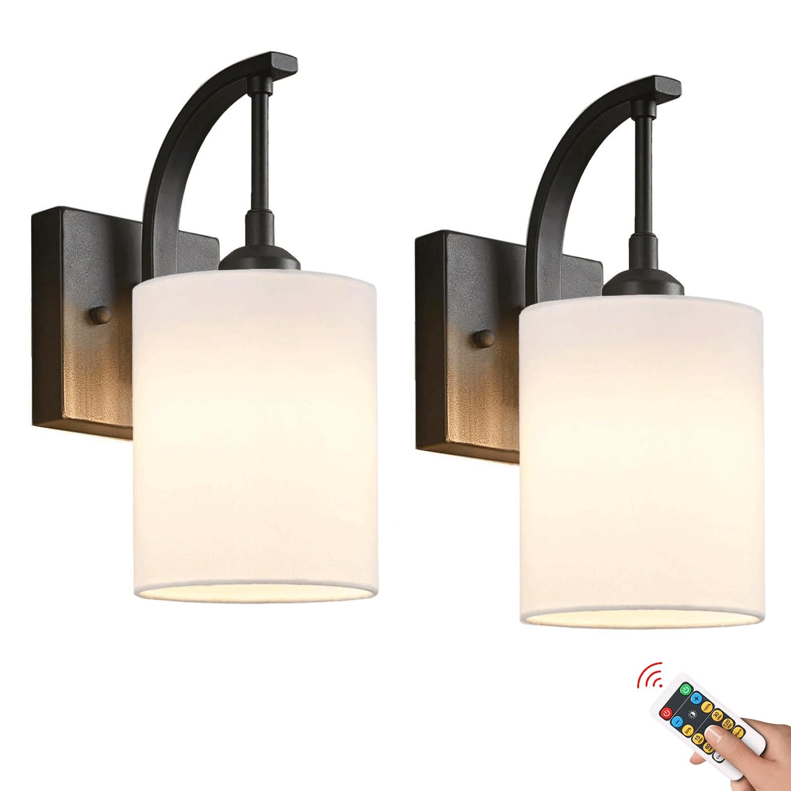 Lampada da Parete Ricaricabile, Set di 2 Applique a Batteria, luci Senza Fili, Paralume in Lino Bianco, Applique alimentate a Batteria, lampade Wireless per Camera da Letto, soggio