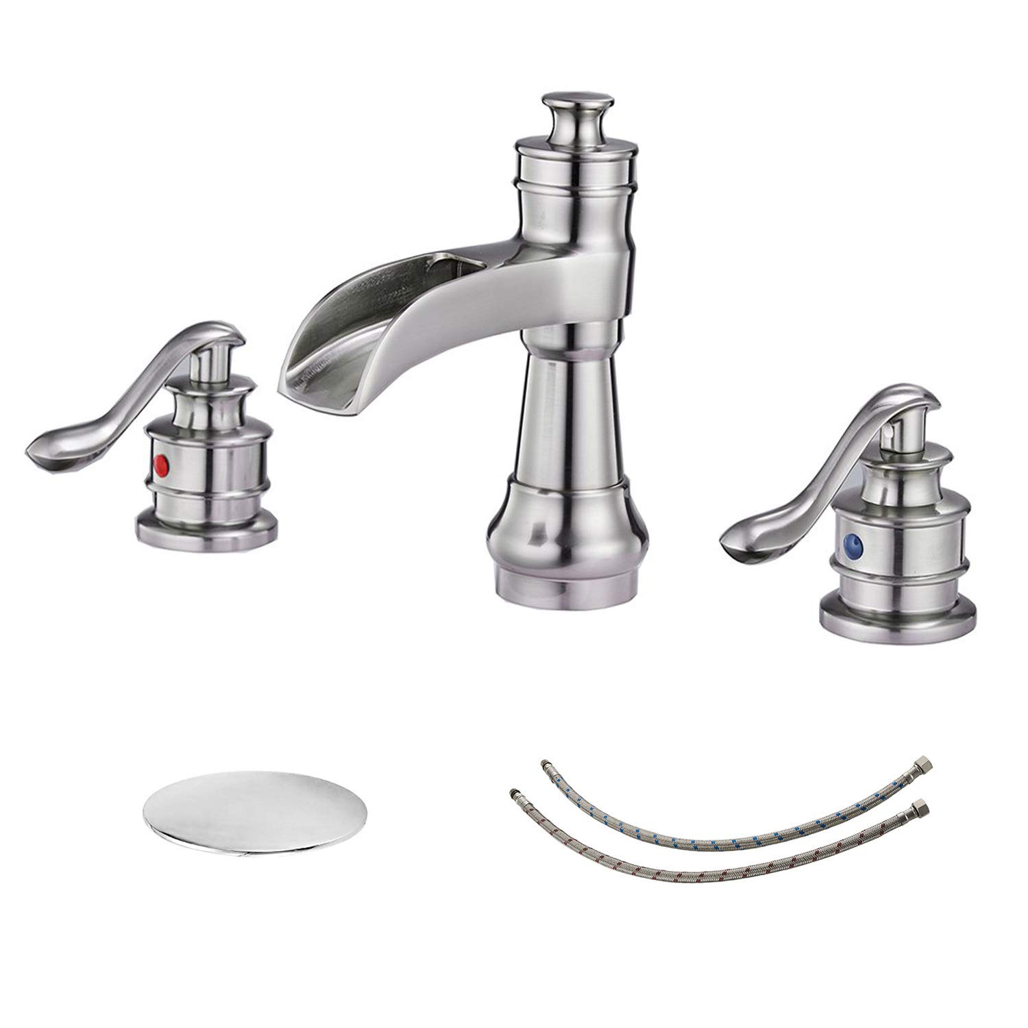 Sxithgkdw Brushed Nickel 8 Inch Widespread Bathroom Faucet With Pop Up Drain With Overflow And Supply Line Waterfall 3 Holes Two-Handle Sink Faucets Lavatory Mixer Tap