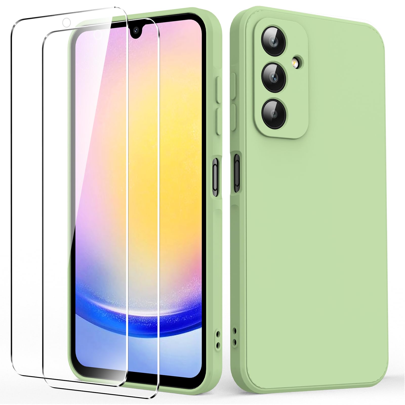 Byvuwiay Cover per Samsung Galaxy A25 5G con 2 Vetro Temperato Pellicola Protettiva, Custodia in TPU Ultra Sottile Antiurto Anti-Scratch Case, Verde Matcha