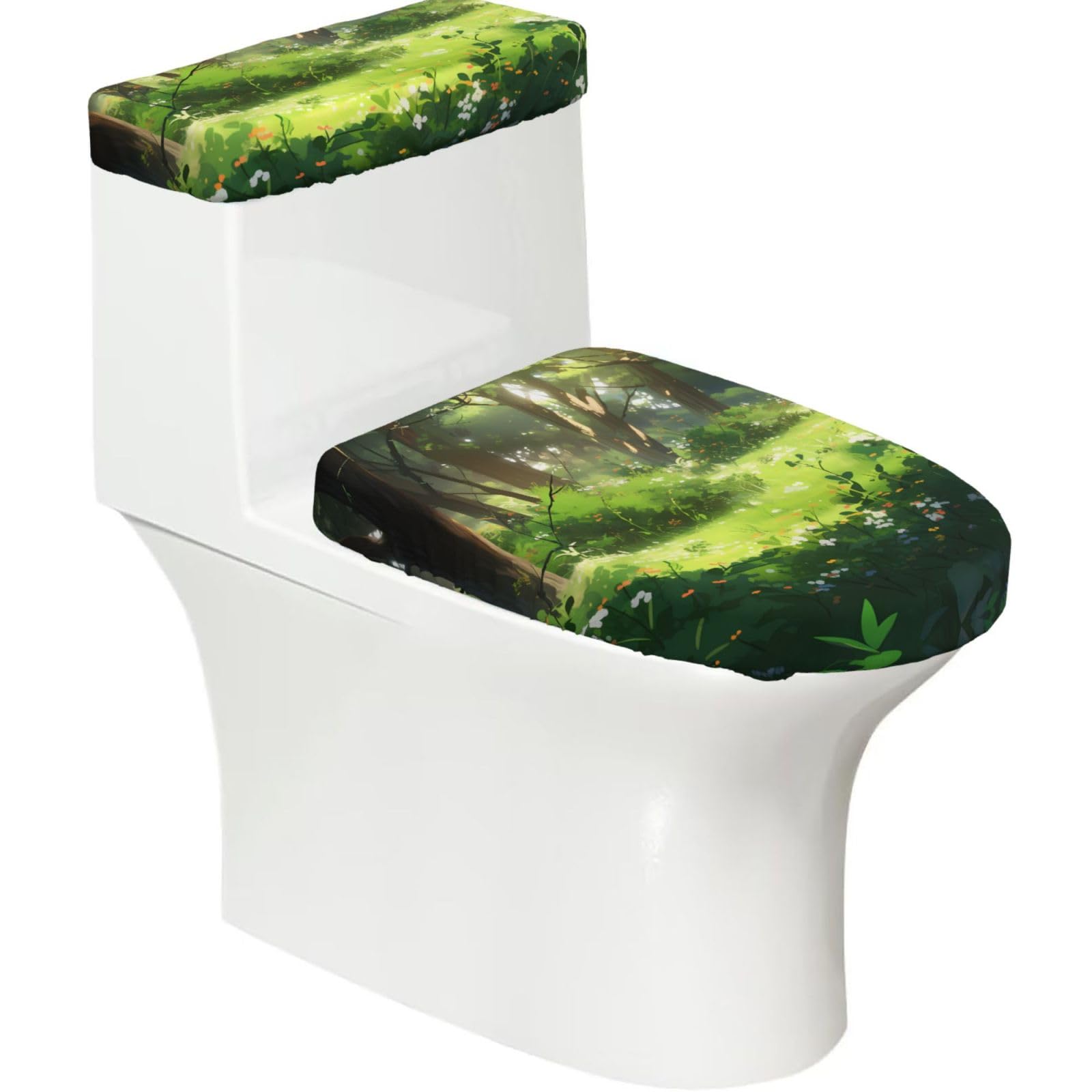 Mrowyc Black Vegetation 2-Piece Toilet Seat & Tank Lid Cover Set - Elastic Stretch Design - Universal Fit For U-Shape-O-Shape-Elongated Toilets - Functional Bathroom Decor & Housewarming Gift