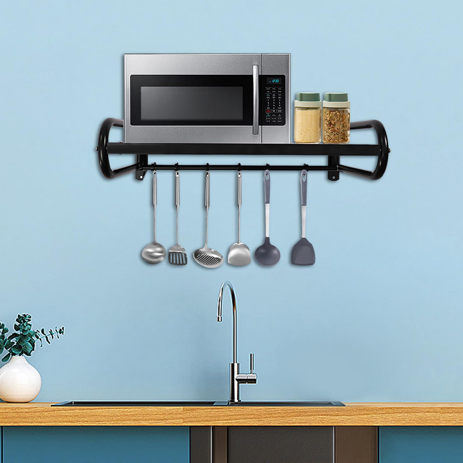 Estantería de pared para microondas, 6 ganchos, soporte para microondas, estante de pared de acero inoxidable, estante de pared para microondas, montaje adhesivo o montaje en taladro