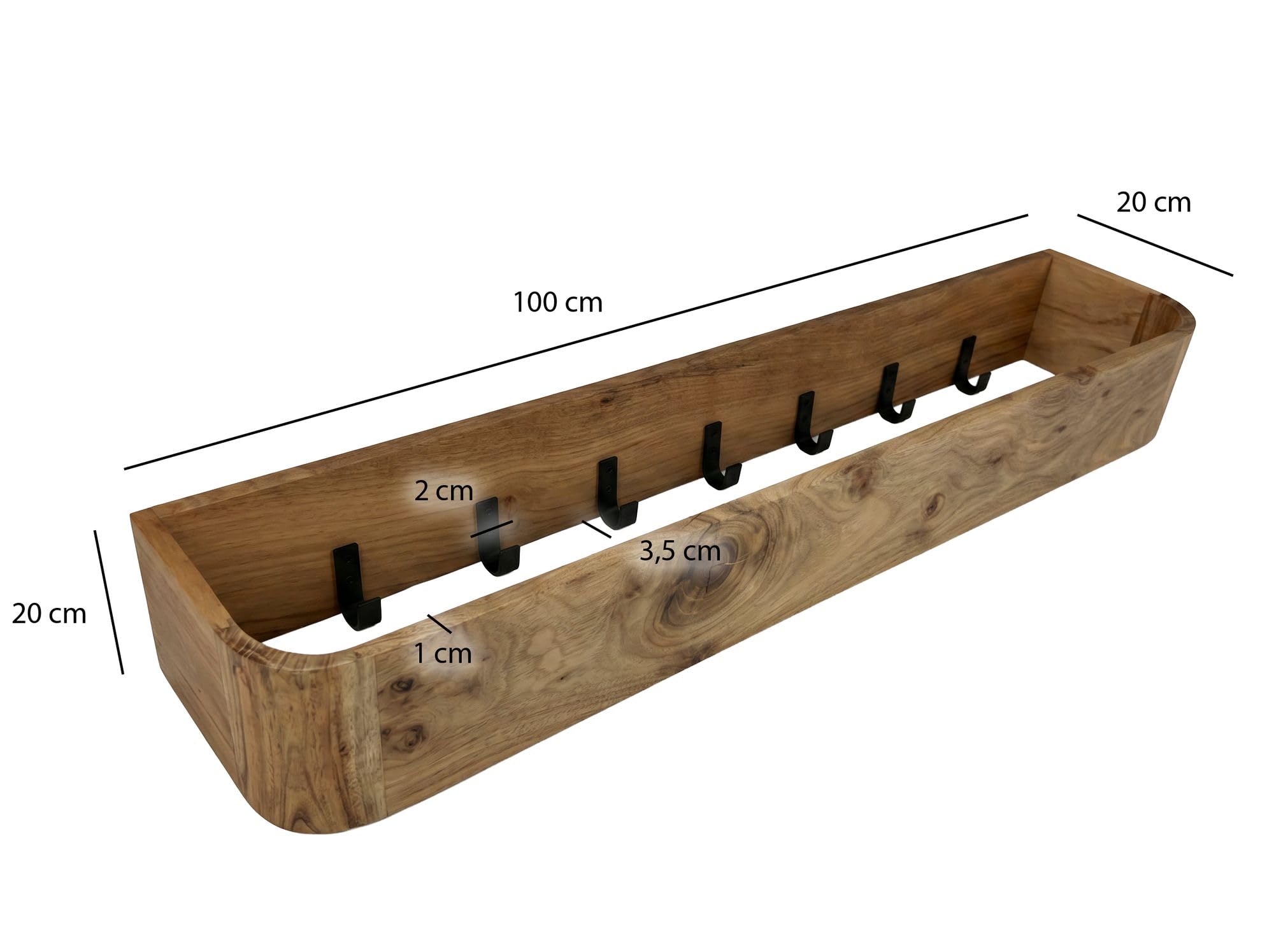 FineBuy Wieszak Ścienny 100x20x20 cm Lite Drewno Akacjowe, 7 Haczyki | organiczny panel garderobiany w stylu skandynawskim, wieszak ścienny z drewna, listwa z haczykami ręcznie wykonana