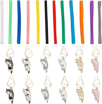 12 Sets Elastic Bookmarks Adjustable Planner Elastic Bands Silicone Bands Bookmark with Cat Pendant Multicolor Book Strap with Paper Clips for Office School Reader Gift Book Lovers