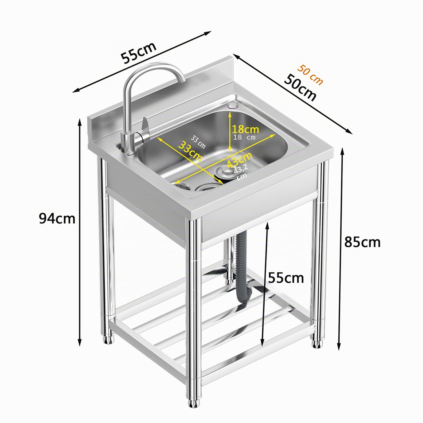 Lavello in Acciaio Inox Autoportante 1 Vasca, 55 × 50 × 94 cm Lavandino Commerciale con Rubinetto, Lavello da Cucina Professionale per Cucina, Ristorante, Bar, Caffè, Garage, Interno e Esterno