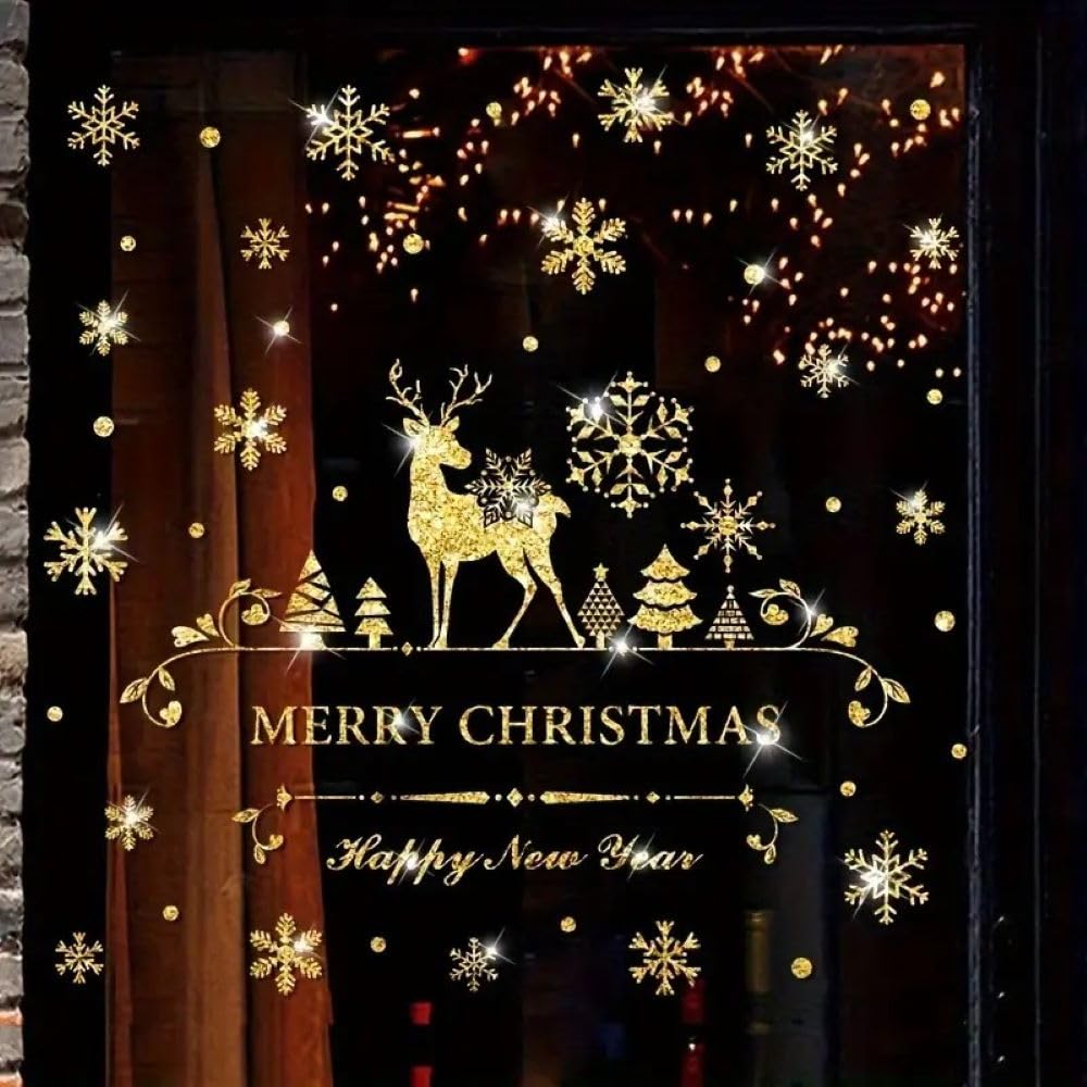 Renne doré paillettes autocollant de Noël chic pour porte vitrée