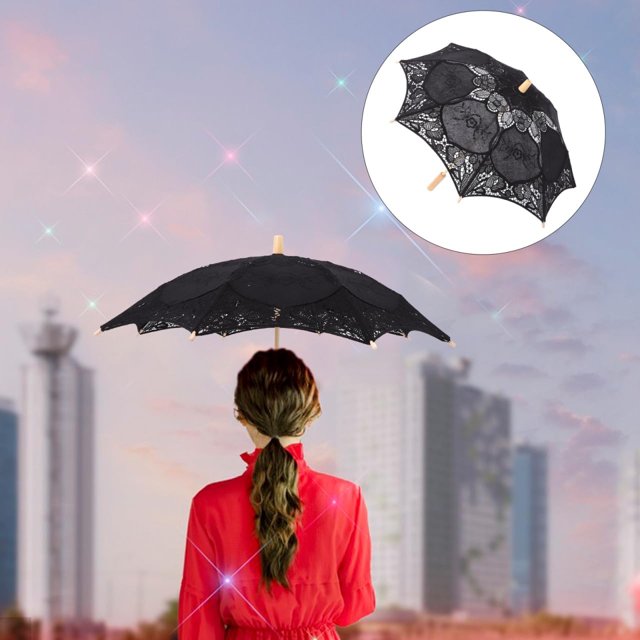 Toyvian Bridal Wedding Lace Parasol: 25.35 Inches White Lace Umbrella Women Vintage Umbrellas Handmade Boho Parasol with
