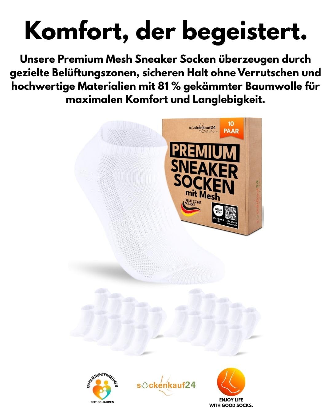 10 Paar Sneaker Socken Herren Damen Baumwolle Atmungsaktiv mit Mesh-Streifen