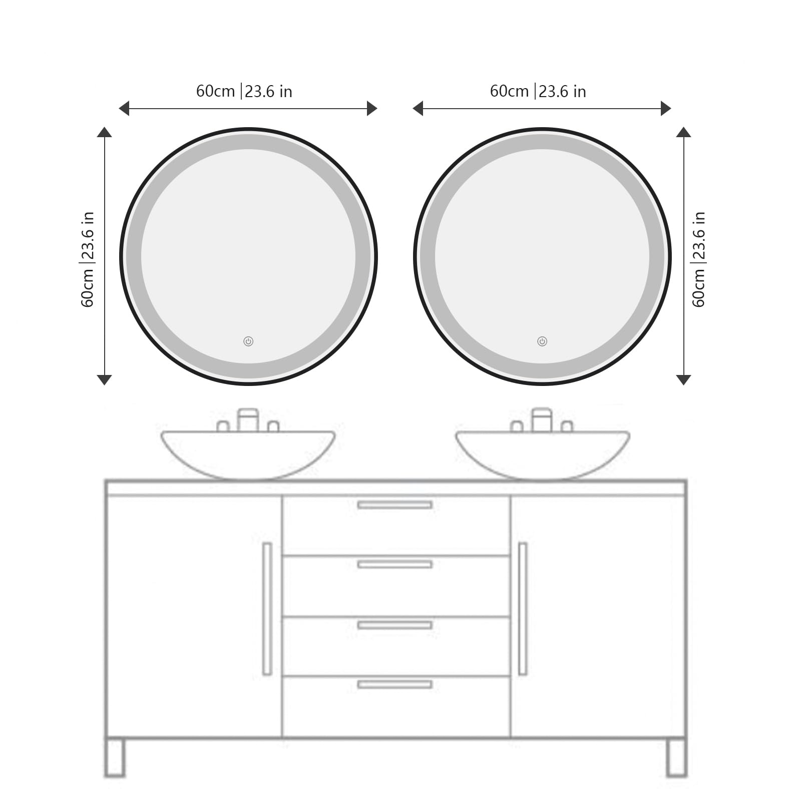 Miroir LED Rond Ø60 cm avec Cadre Aluminium Noir Mat – Éclairage Frontal Dimmable 6000K Blanc Naturel – Fonction Anti-Buée, Prise EU Incluse, Installation Facile, Design Moderne Salle de Bain