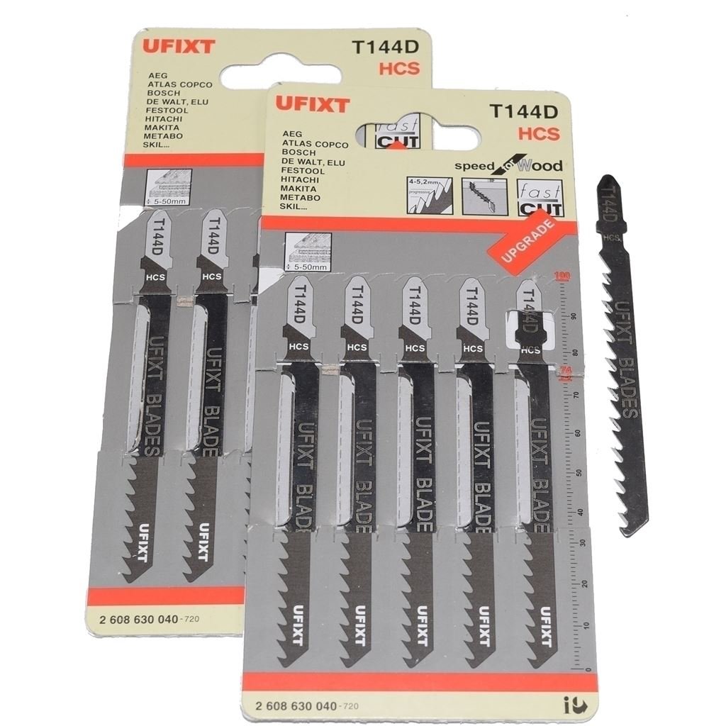 Jigsaw Blades T144D for Wood Cutting Pack of 10 Compatible with Bosch, Dewalt, Makita High Carbon Steel HCS T-Shank Bayonet Fitting Replacement Spare Part
