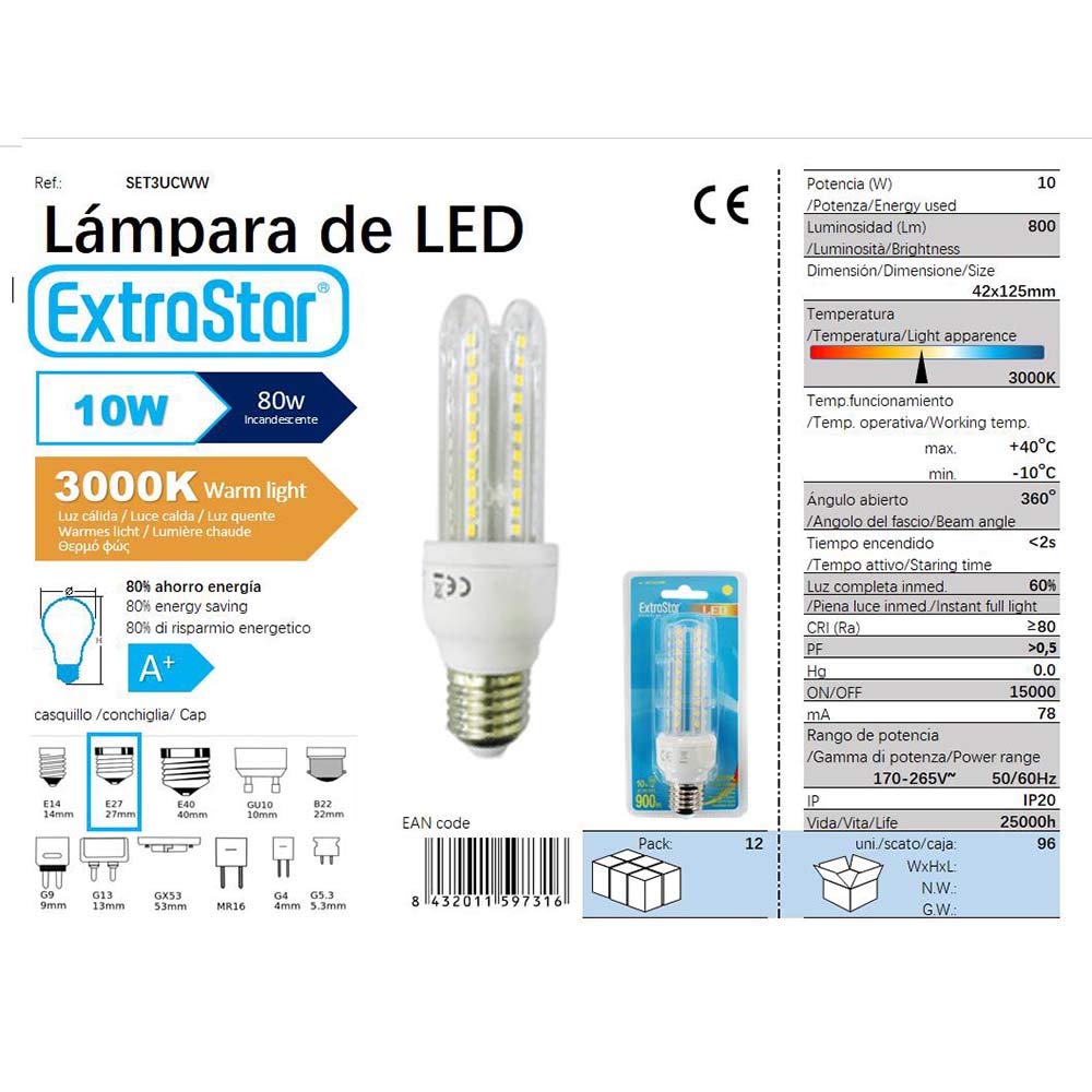 LED-Maislampe E27 3U 10W Warmweiß Packung 6 TODO HOGAR