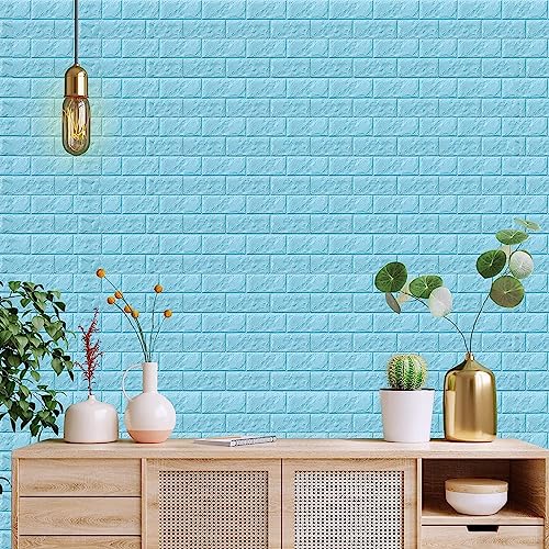 Image of STL Brick Wallpaper - Self Adhesive Pe Foam Brick Design 3D Wall Stickers /Diy Wallpaper For Home Hotel Living Room Bedroom & Cafe ( 70 X 77 Cm, Appx. 5.8Sq Feet) (Blue)-Pack Of 1