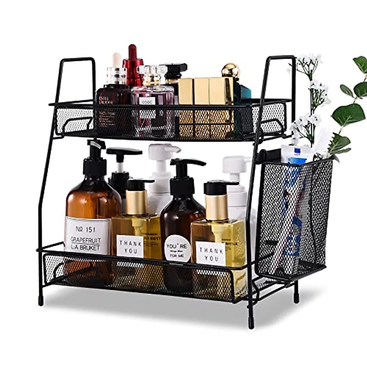 CentraLit 2 Tier Kitchen Organizer Rack for Countertop, Multipurpose Bathroom Counter Organizer Stand with Side Pocket, Metal Mesh Storage Shelf for Cosmetics, Spice Jars & Kitchen Accessories, Black-image-3