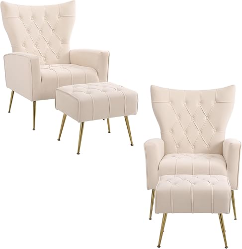 Miniatura 15 de Silla decorativa de terciopelo con otomana, silla tapizada con respaldo de ala, sillas decorativas modernas con patas de metal dorado para Otomana