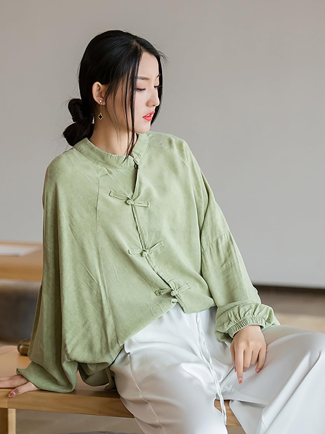 LUZU JUNU Women's Soft Shirts Button Down Front Long Sleeve Chinese Style Loose Fit Tang Suit Blouse Tops