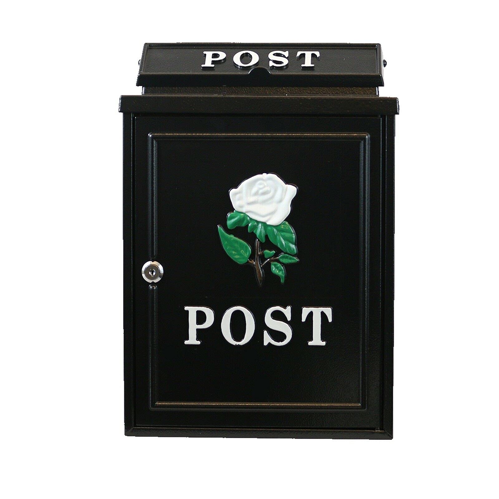 Dwd Black With White Rose Vintage Decor By Dwd® Weatherproof Post Box Rose Design-Lockable Heavy Duty Secure Wall Mounted Letter Mail Post Box For Walls/Gates/Garages.charming, Easy To Fit (Black With White Rose)