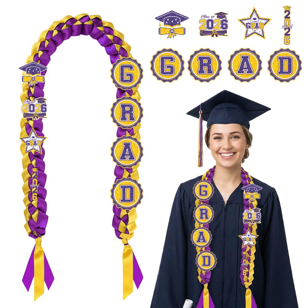 Photo 1 of Zeruvex 2026 Purple Gold Graduation Leis Decorations with Pins, Class of 2026 Grad Embroidery Patches Party Supplies for High School College Graduation