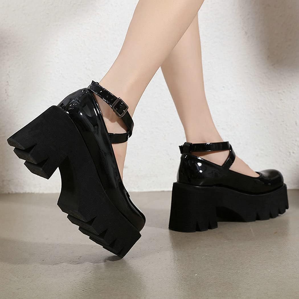 KIKIVIVI Womens Platform Mary Jane Patent Leather Crisscross Strap Chunky High Heel Pumps