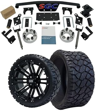 4" Spindle Extension Lift Kit for Club Car DS 1982-2010 Golf Cart with 14" Black LANCER Wheels and 20"x8.5"-14 STINGER On-Road/Off-Road DOT rated All-Terrain tires