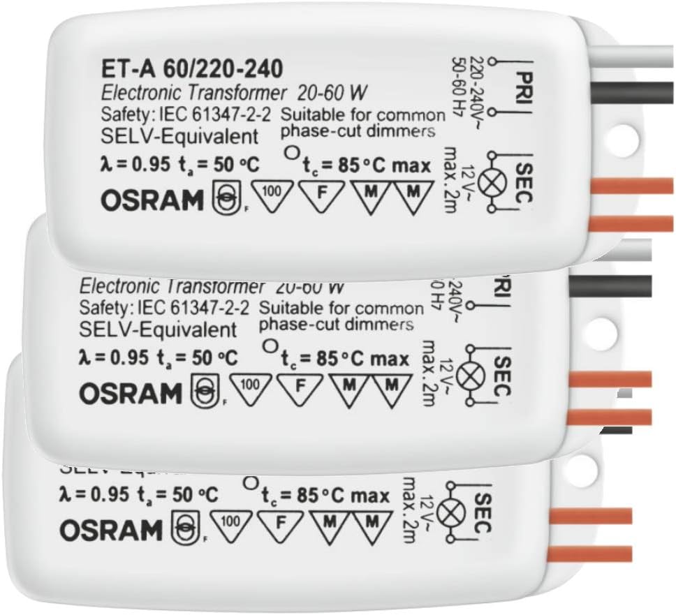 OSRAM Electronic Transformer for LED and Halogen Spot Lights, 12V 20-60W, Dimmable LED Ballast Driver ET-A 60/220-240 (Pack of 3)