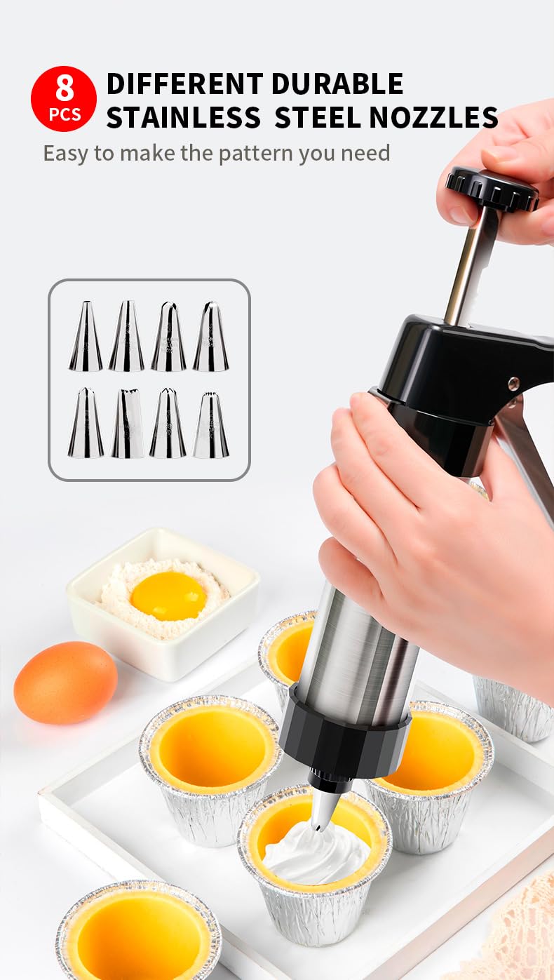 Sparabiscotti Pressa per Biscotti in Acciaio Inossidabile,Professionale Biscotto in Inox Biscotti Sparabiscotti con 1 PCS Pistola di Glassa + 8 PCS Stampo per Biscotti + 4 PCS Punte di Glassa Biscuit