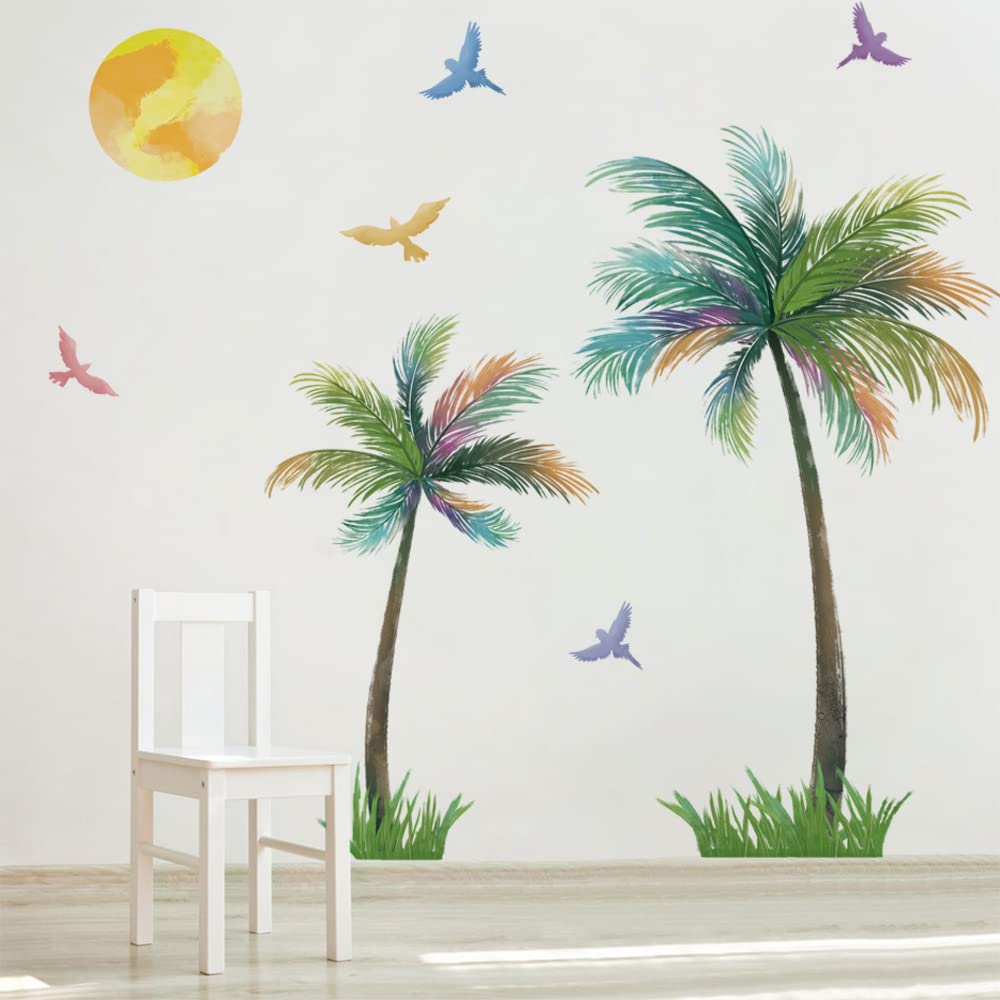 Runtoo Large Palm Tree Wall Stickers Colorful Birds Tropical Plants Wall Decor for Living Room Bedroom Kids Room Wall Decor - Image 3
