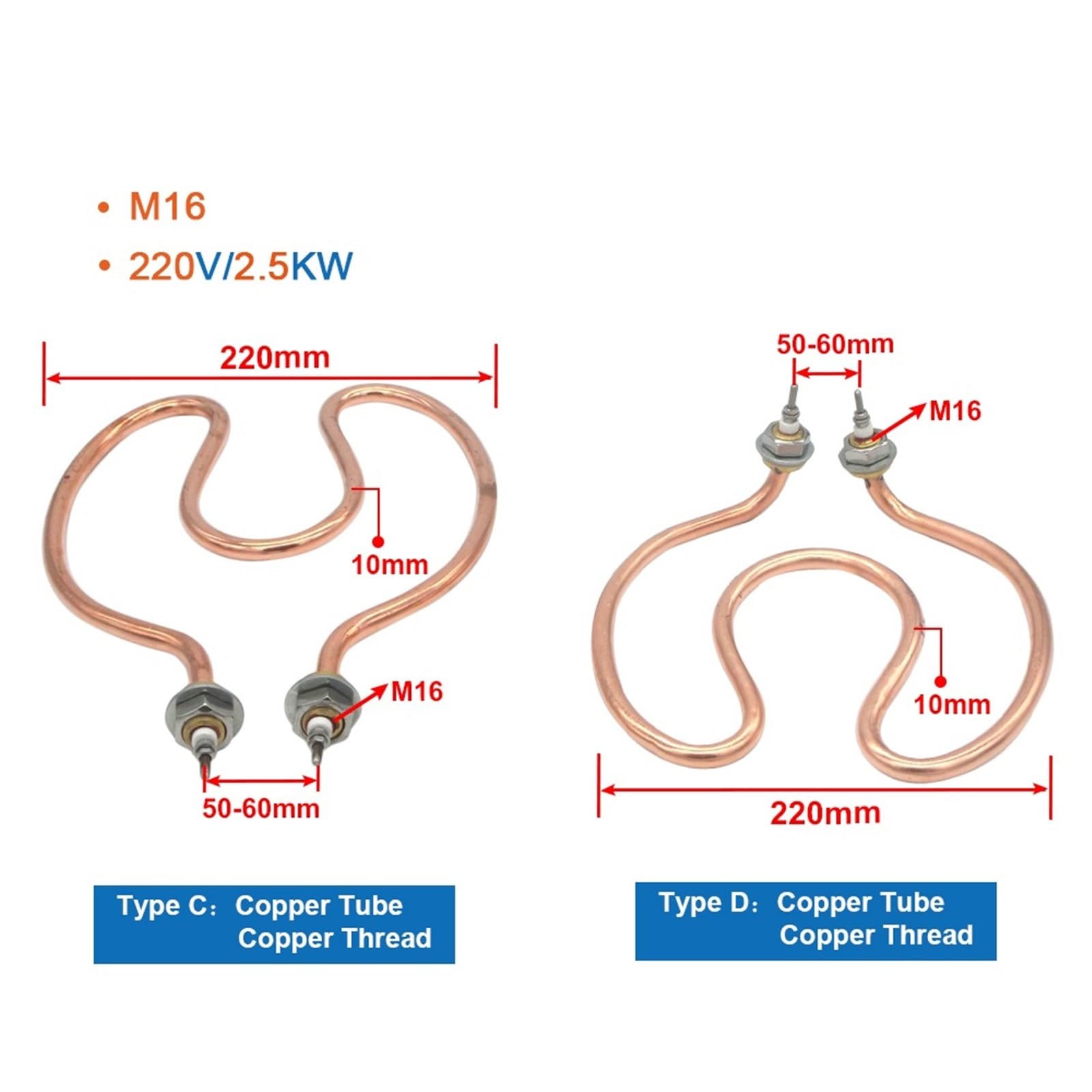 220 V 2500 W Spule Heizelement Eimer Edelstahl Elektrische Teile Wärme Rohre 1 Stücke(Type D Bend Head)