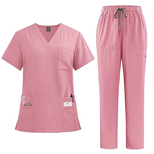 Women Scrubs Set V-Neck Stretch Tops with Pockets & Cargo Pants Jogger Nurse Work Uniform Quick Drying
