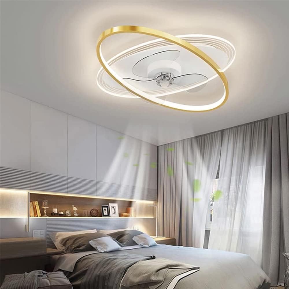 HXYSXHJUO Ceiling fan light LED Fan Light 55CM Dimmable 6-Speed Reversible Blades Timer with Remote Control Semi-Recessed Low Profile Gold Black Oval Silent (Color