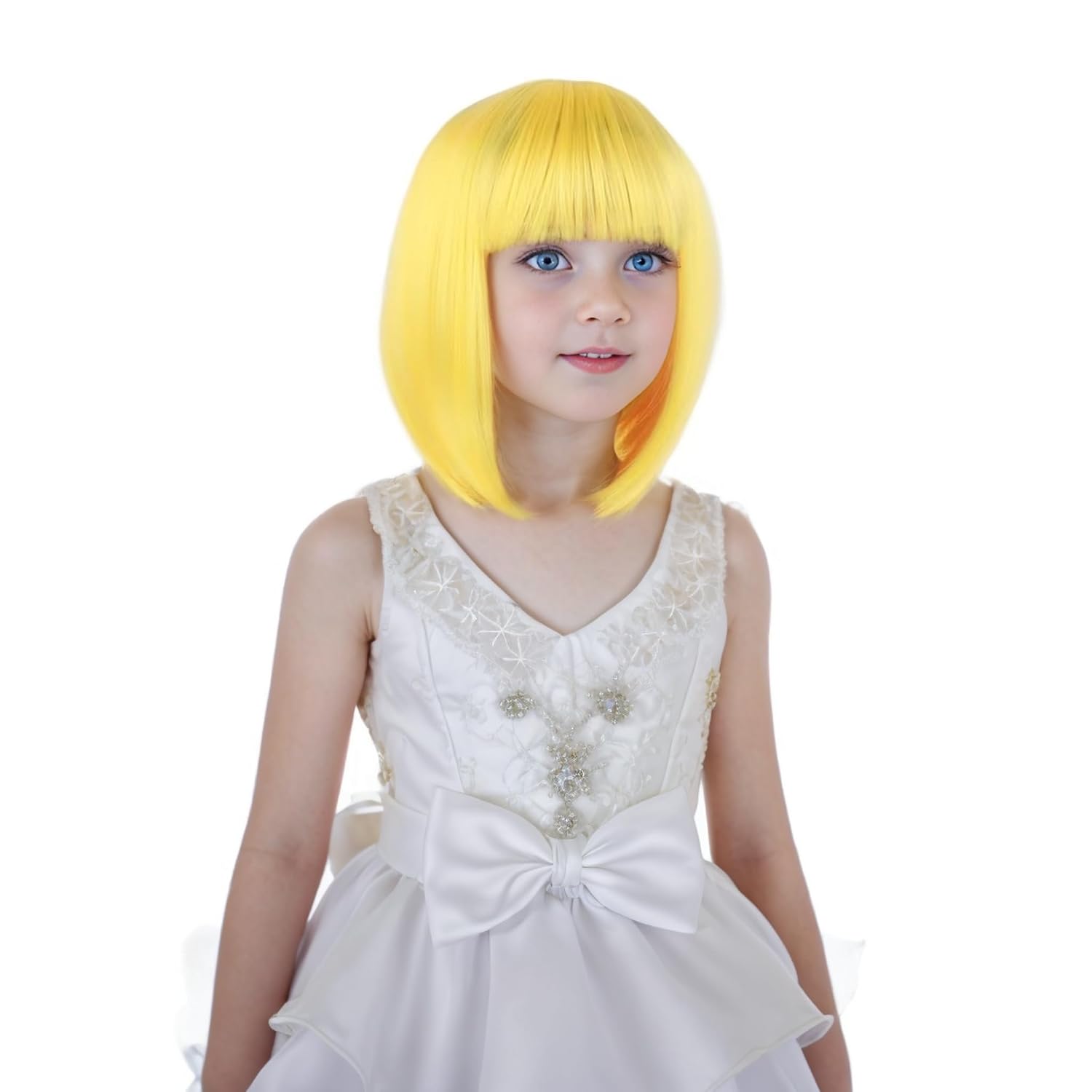 Kids Yellow Wig Girls Yellow Bob Wig with Bangs Short Straight Wigs for Daily Party Halloween Use