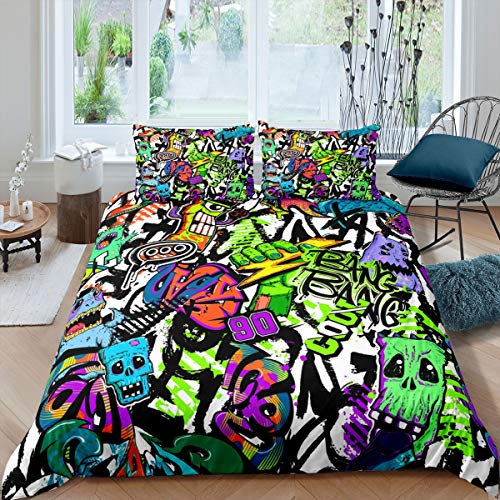 Feelyou Hip Hop Hipster Comforter Cover Set Kids Boys Hippie Graffiti Pattern Duvet Cover Street Culture Bedding Set Watercolor Art Bedspread Cover with 2 Pillowcase 3Pcs Queen Size…