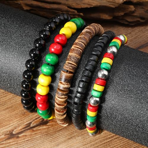 Black History Month Stackable Bracelets Set Juneteenth Accessory African Wooden Beads Stretchable Bracelets Black Yellow Red Green African Jewelry for Women3
