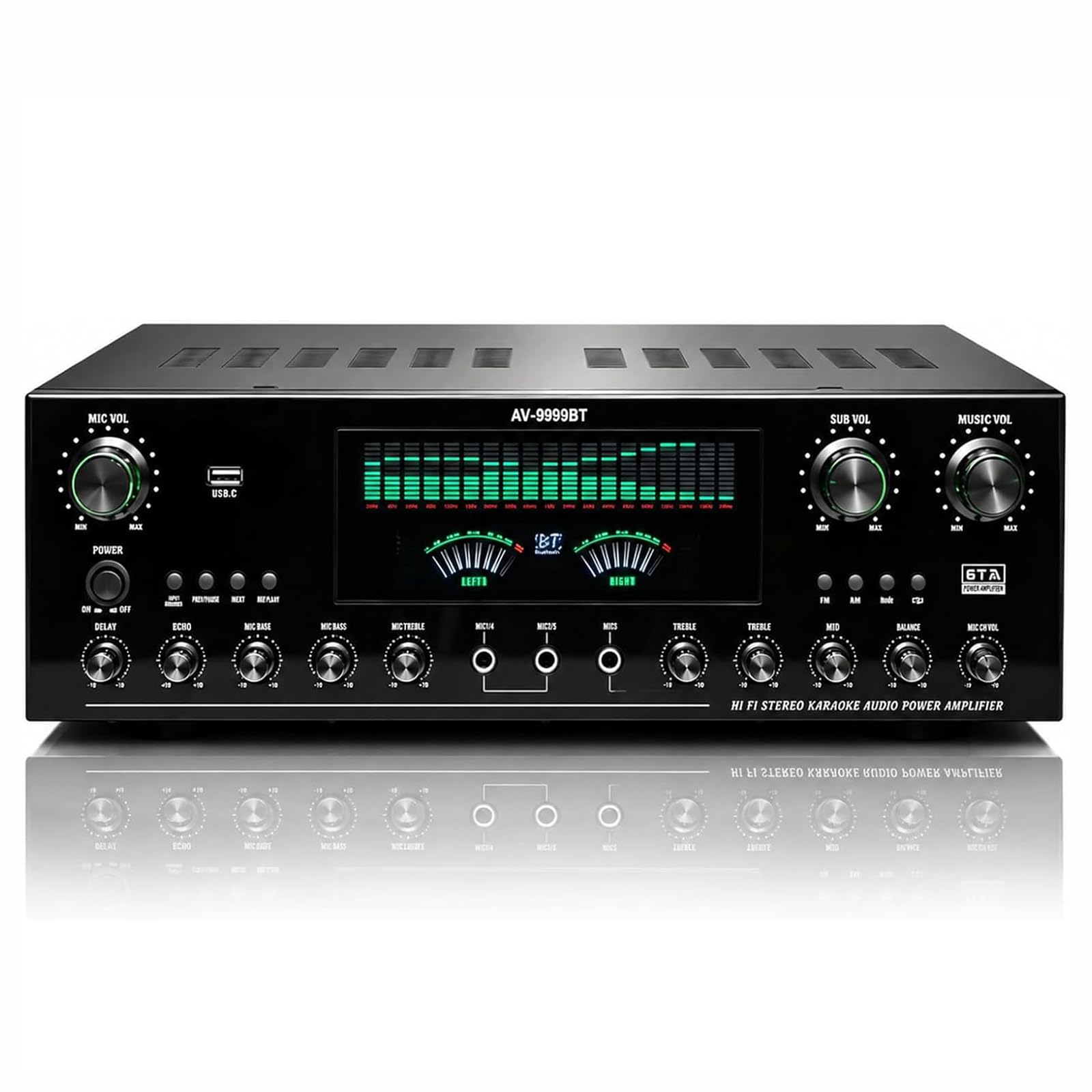 7.1-kanałowy wzmacniacz audio, odbiornik kina domowego, odbiornik AV z Bluetooth 6.0, wejście optyczne/współosiowe/USB, wejścia mikrofonowe, funkcja karaoke i regulowana głośność