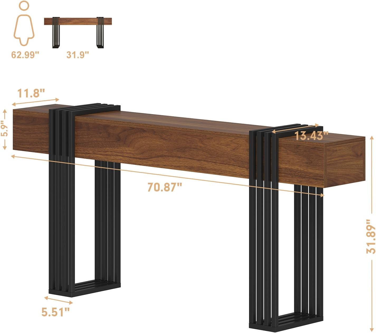 knoworld 71 Inch Long Console Table, Extra Thick Industrial Sofa Table Behind The Couch Rectangular Entryway Table for Entrance Hallway Living Room, Entire top Board & 4-Pipe Legs, Rustic Brown