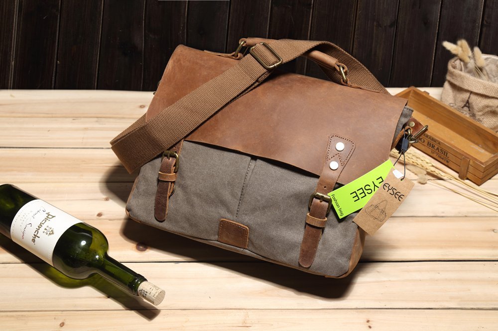 Aktentasche Herren Canvas mit Echtleder, Laptop tasche Retro Schultertasche für 14 Zoll Laptop