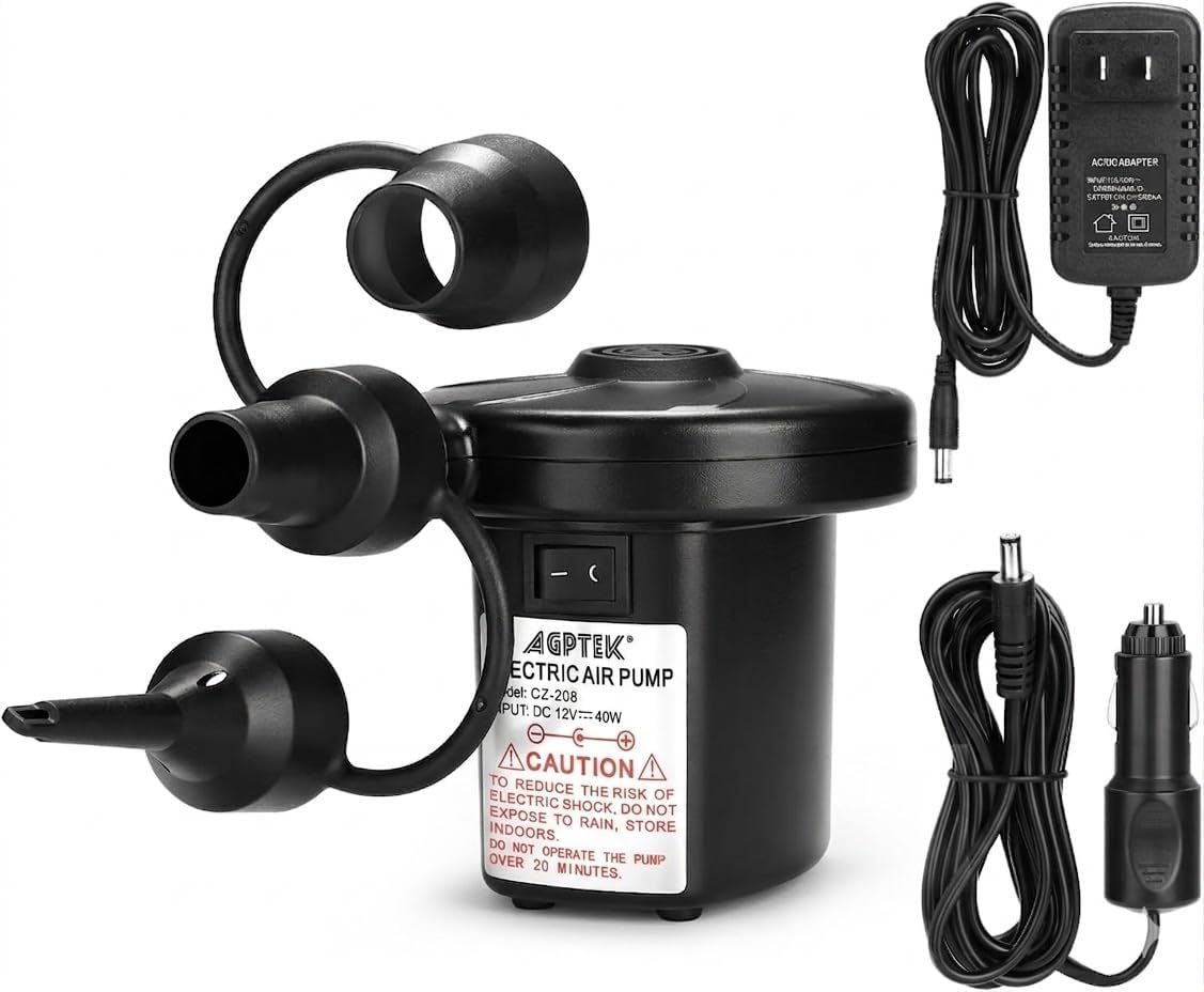 Air Pump Portable Quick-Fill Air Pump with 3 Nozzles,5kPa for Inflatables Mattress Pool Floats Toy Water Raft Bed Boat Pool Toy with 110 US Adaptor and Car-Powered 12v-DC