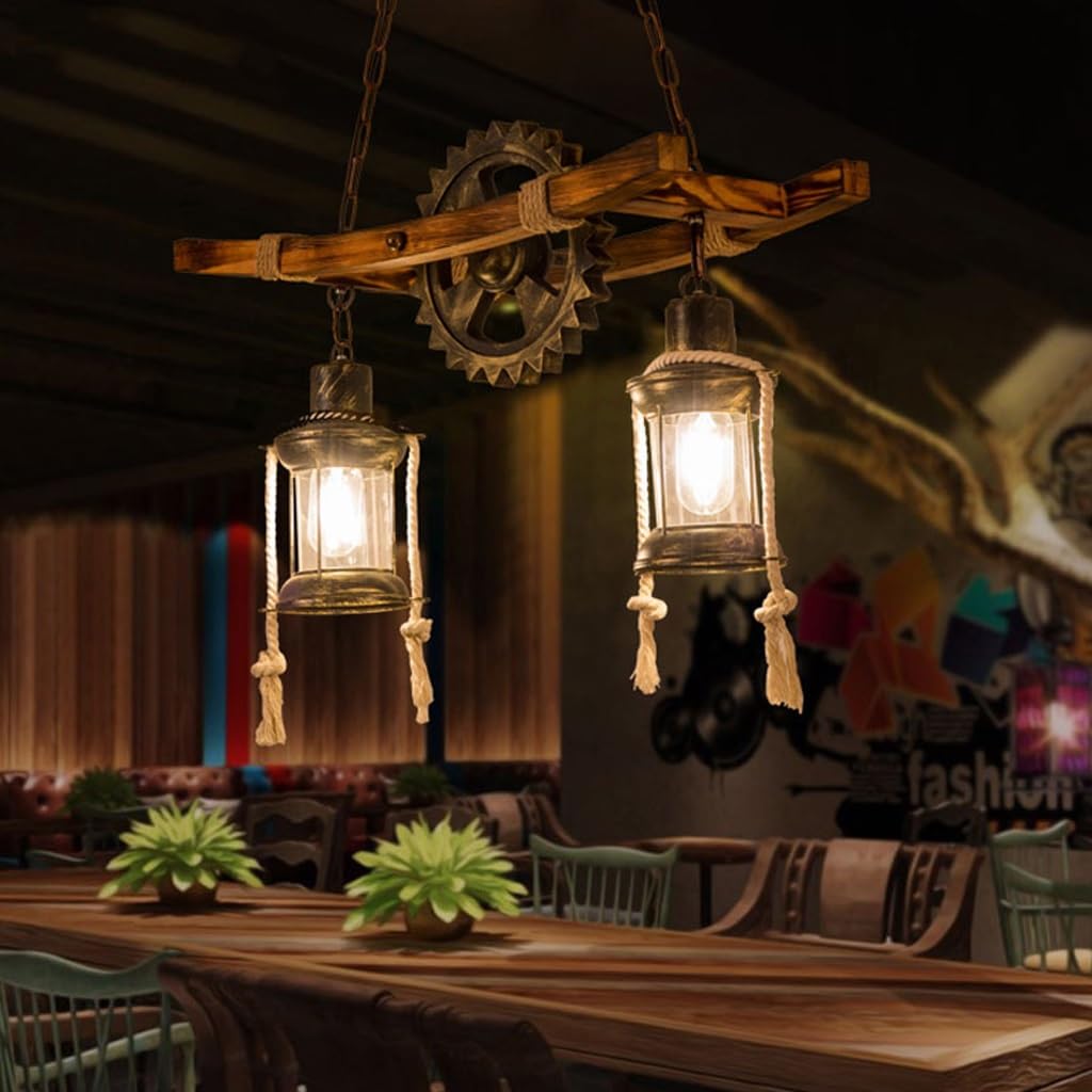 Retro Solid Wood Pendant Light Industrial Style Vintage Hanging Lamp Wood Ceiling Chandelier E27 Antique Edison Retro Lamp Kitchen Dining Chandelier Light Fixture (Size : 2 heads)