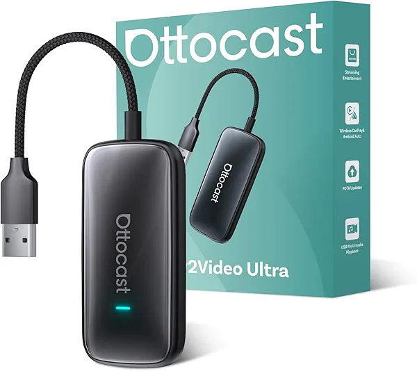 OTTOCAST Play2Video Ultra Wireless CarPlay Android Auto Adapter AI Box, Video Player Built-in Netflix/YouTube/IPTV, Plug & Play Streaming Device for Car