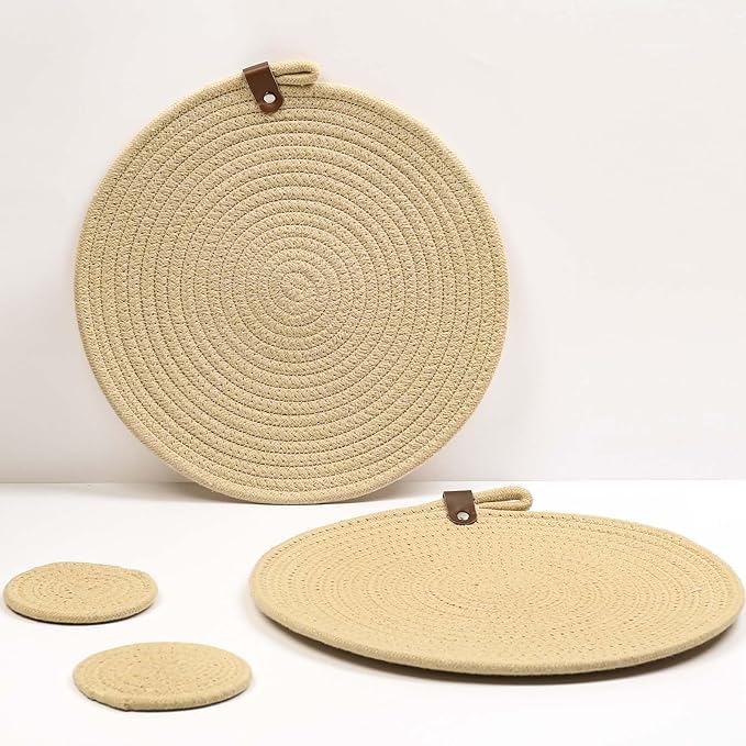 Image of Cotton Rope Placemat Set with Coasters and Holder 6 Pieces Round Woven Table | Mats Natural Beige Heat Resistant | Dining Table Decor | Durable Washable Kitchen Accessories