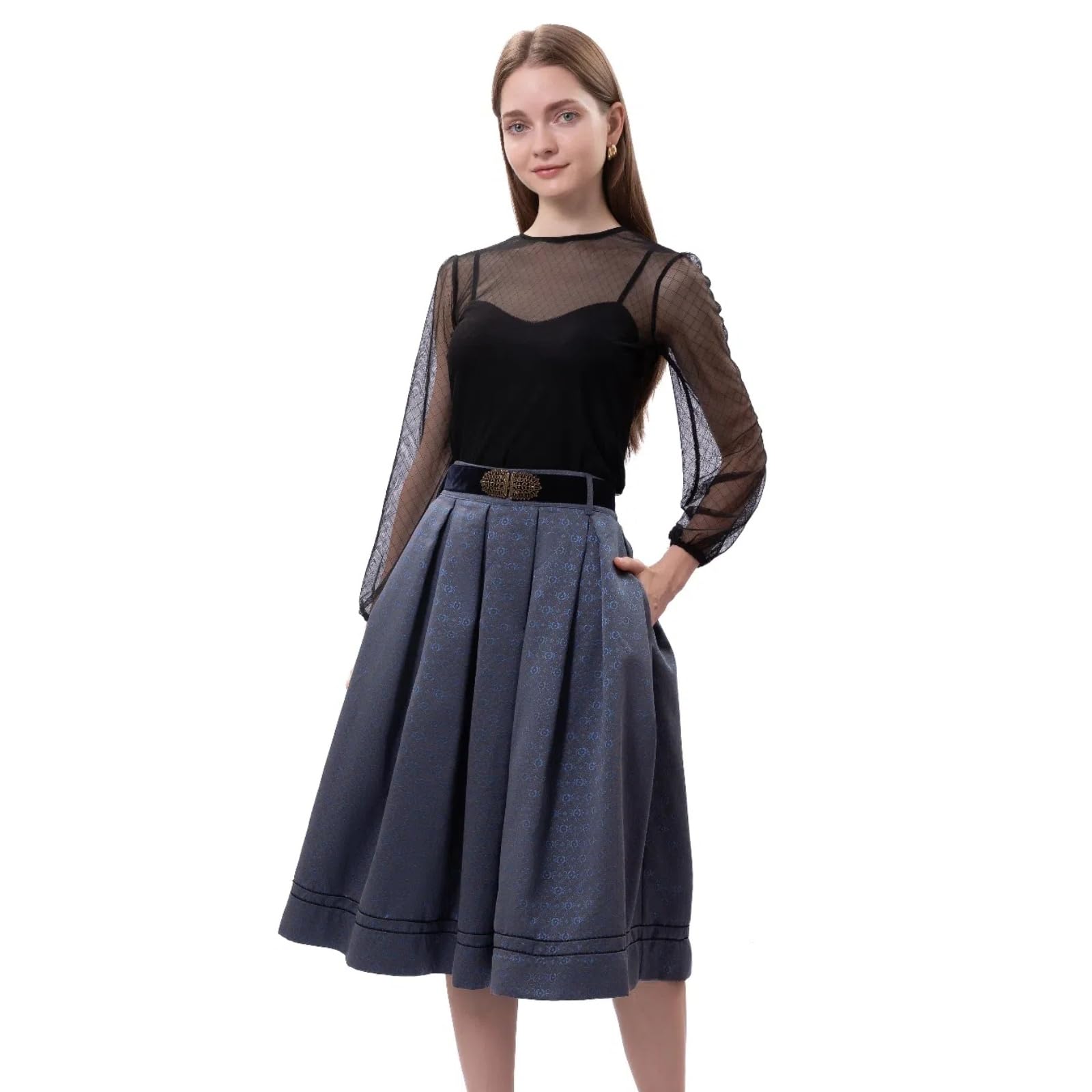 Trachtenröcke Damen Knielang Trachtenrock Damen Trachtenmode | Trachtenrock Blau/Grün Modern Röcke für Oktoberfest Größe 36-44(Ohne Dirndlbluse)