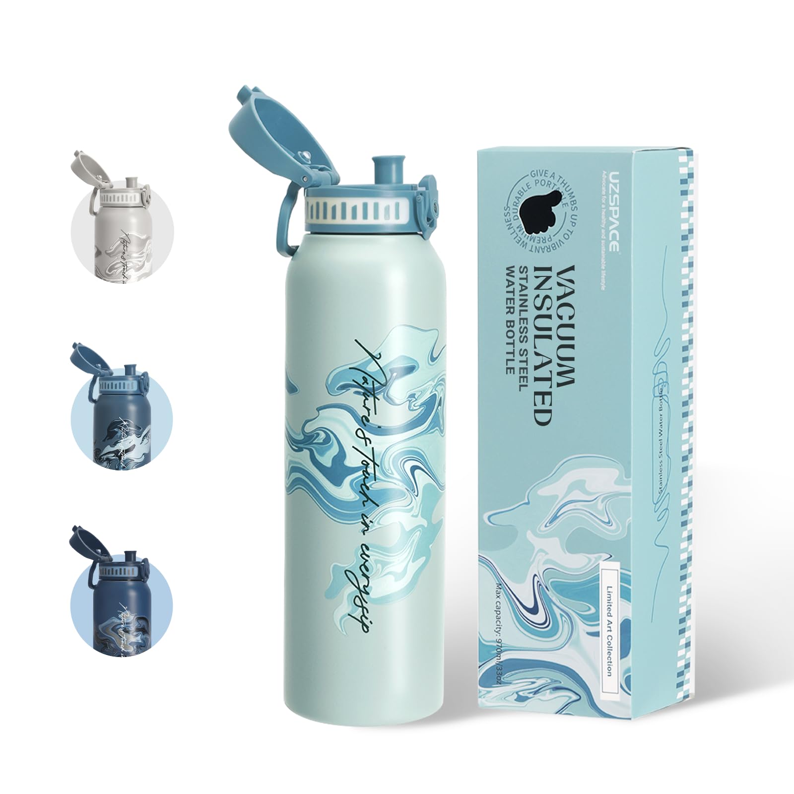 UZSPACE Stainless Steel Water Bottle 1l (970ml) - Double-Walled Insulated Water Bottles That Keep Drinks Cold&Hot - ArtisticPrint Drinking Bottles for Adults - Ideal for Outdoors & Sports, Misty Blue — image 1