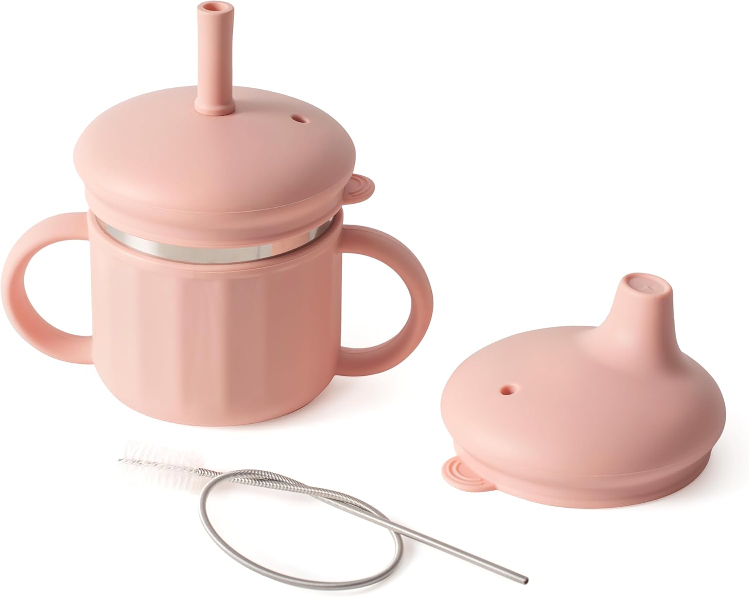 SELECTSHEN™ 3-Stage Sippy Cup Set – 7.4 oz Platinum-Cured Silicone with 304 Stainless Steel cup, Pull-Proof Straw & Spill-Proof Spout Lid, Leak-Resistant, BPA-Free, Dishwasher Safe, Handles & Brush Pink - Image 1 of 9