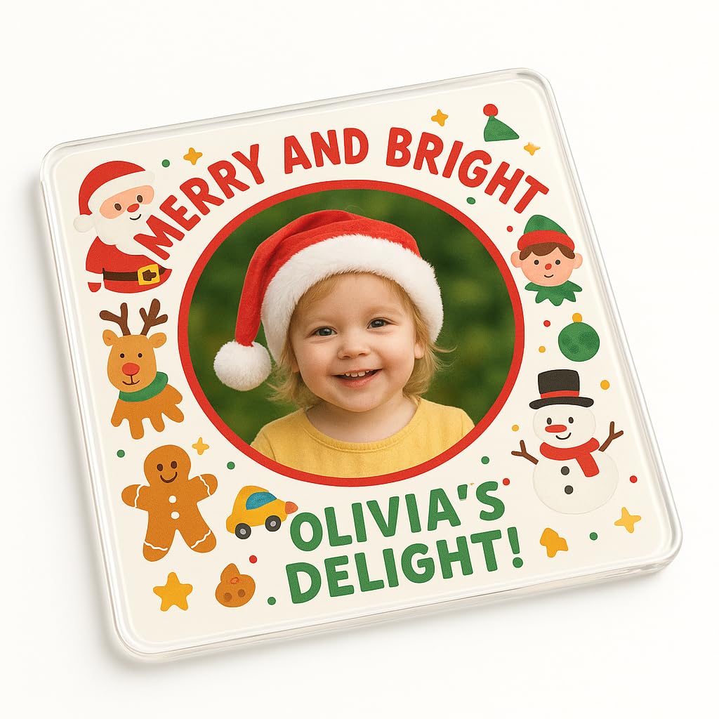 Personalised Acrylic Coaster Gift with Joyful Frame Delight Design - Personalised Christmas Table Decor for Kids' Festive Celebrations