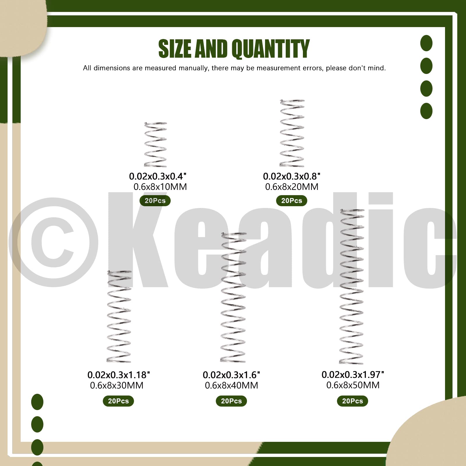 Keadic 100Pcs Mini Stainless Steel Extension Springs Assortment Kit, 8mm Outer Dia, 0.6mm Wire Dia, 10mm-50mm Free Length Mechanical Compression Coil Spring Replacement for Household Applications — Amazon image 2