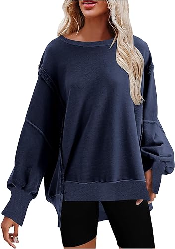 Womens Oversized Casual Slit Y2K Pullover Top Crewneck Long Sleeve Corded Sweatshirts Fall Outfits 2023 Winter Clothes