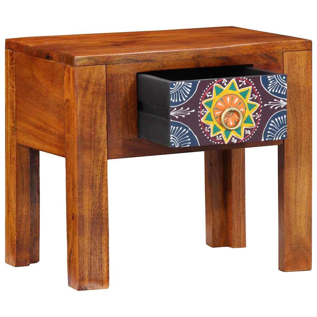 SXZenSpace Rustic Floral Side Table Brown 40 x 30 36 cm Solid Acacia Wood End with Drawer Modern Small Coffee for Living Room Bedroom Hallway
