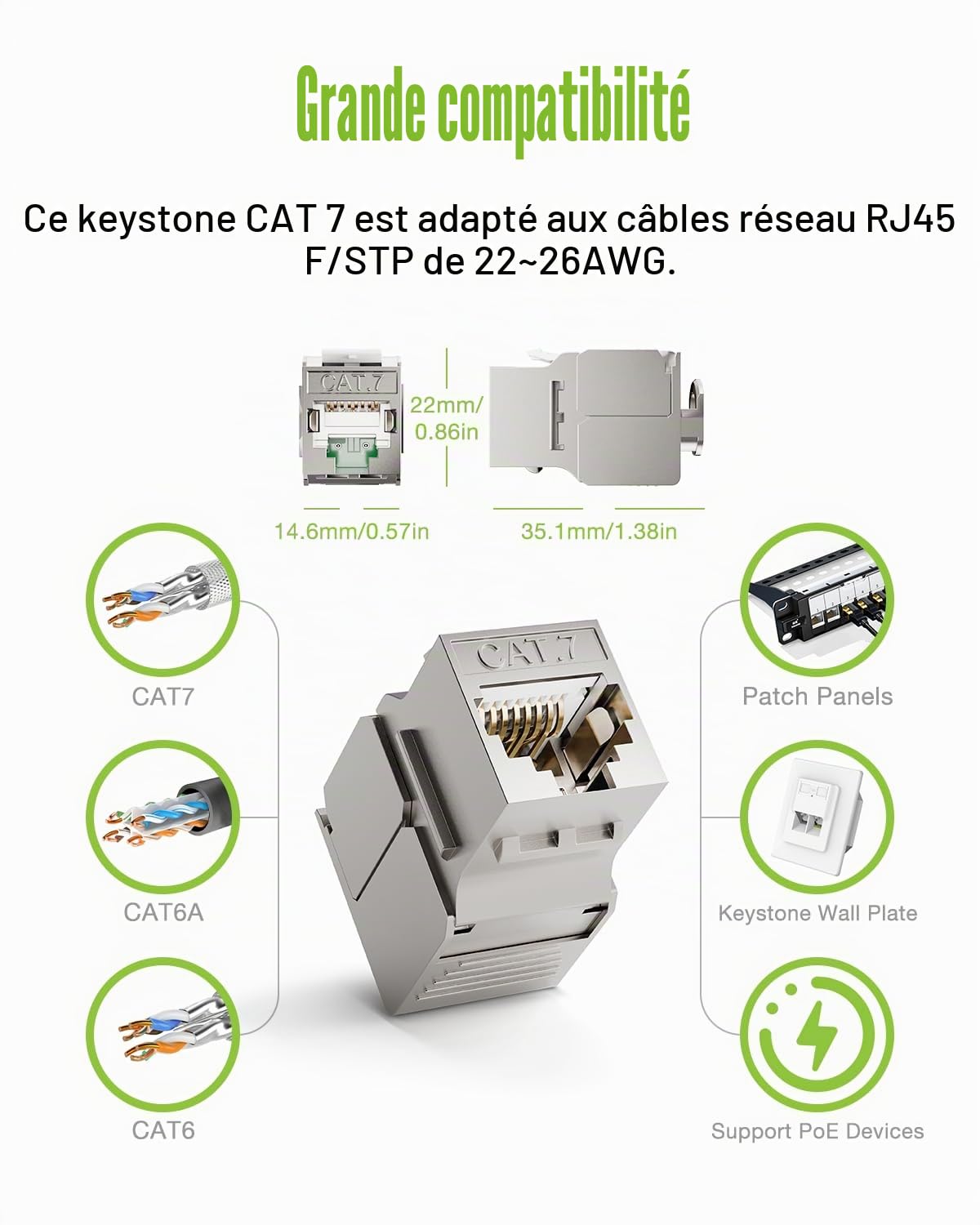 RJ45 Keystone Jack Cat7 Lot de 12, 10 Gbit/ 600mhz | Plaqué Or Keystone Modul for Cat7 Cat6a Cat6 Cânle de Pose, RJ45 Mâle, Câble De Raccordement Réseau et Ethernet Patch Pane