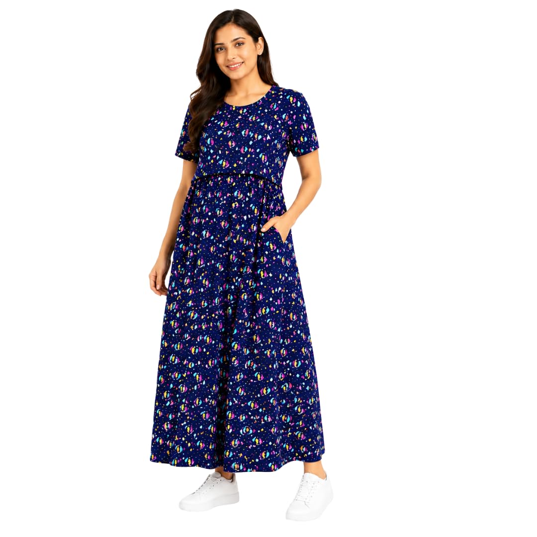 litilish Zipless Maternity Feeding Dress | Zipless Nursing Dress for Women | Soft Cotton Lounge & Outdoor Wear | Pregnancy & Feeding Friendly Maxi Dress with Pockets-picture-28