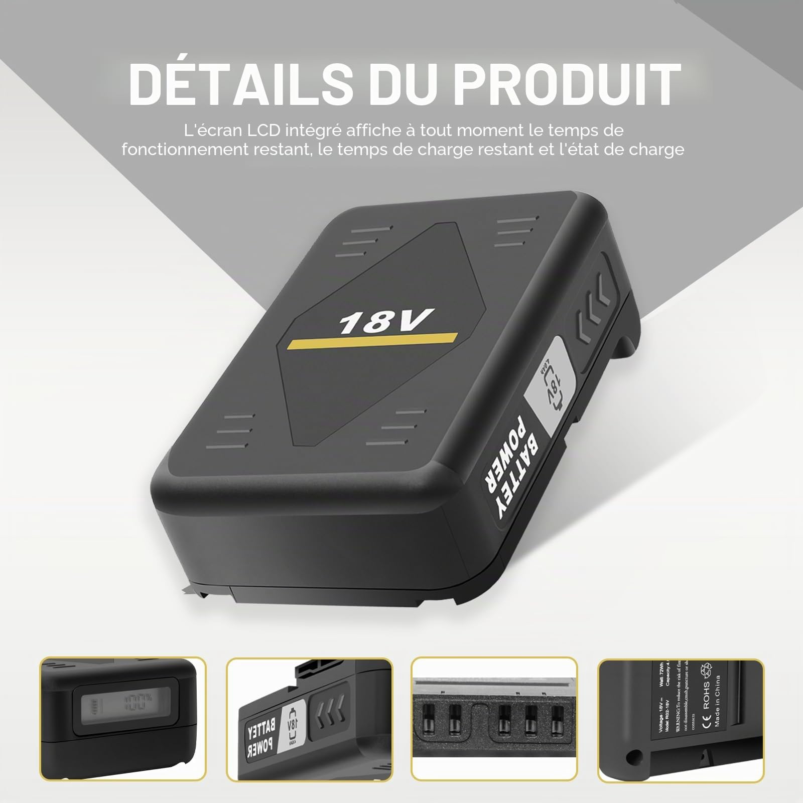 Remate 4,0 Ah pour batteries Kärcher 18 V/4,0 Ah, temps de charge : 1,5 heure à plein, compatible avec tous les appareils avec plate-forme d'alimentation de batterie 18 V