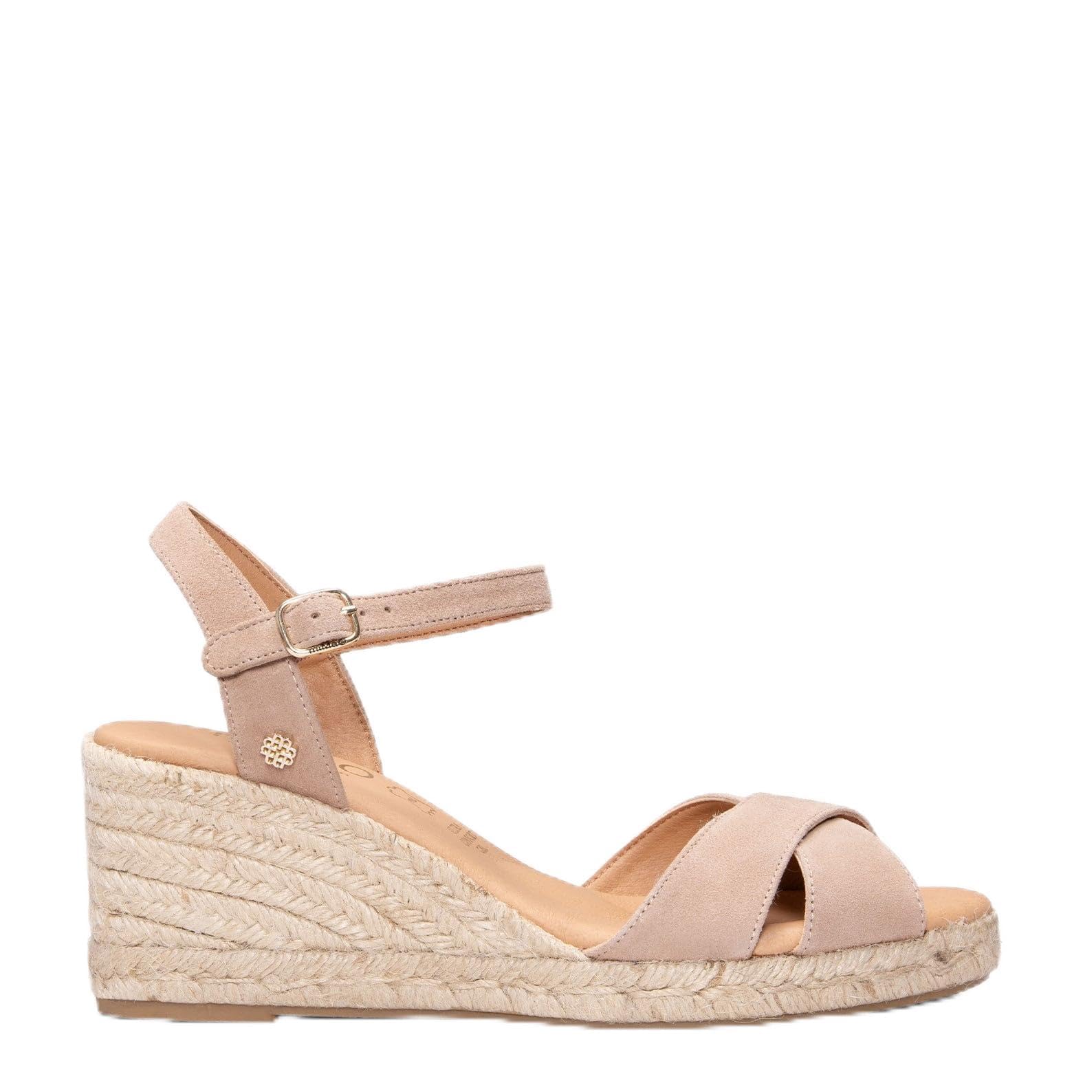 Sandalias con cuña de Esparto con Tiras Cruzadas de Piel y Plantilla de Gel Hecho en España
